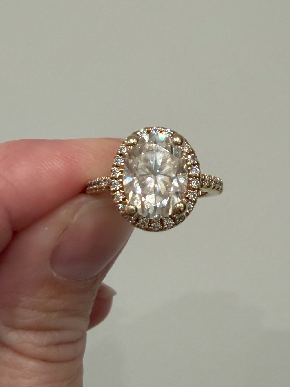 14k Gold Oval Halo Ring - Moissanite Stone